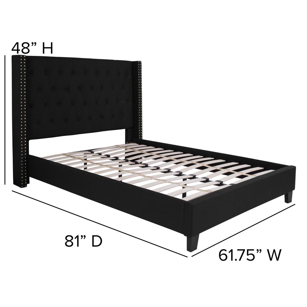 Full Size Tufted Upholstered Platform Bed with Accent Nail Trimmed Extended Sides in Black Fabric. Picture 2