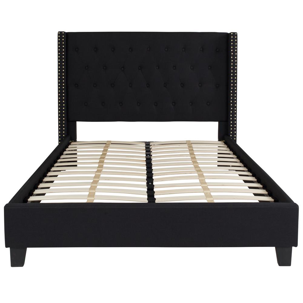 Full Size Tufted Upholstered Platform Bed with Accent Nail Trimmed Extended Sides in Black Fabric. Picture 3
