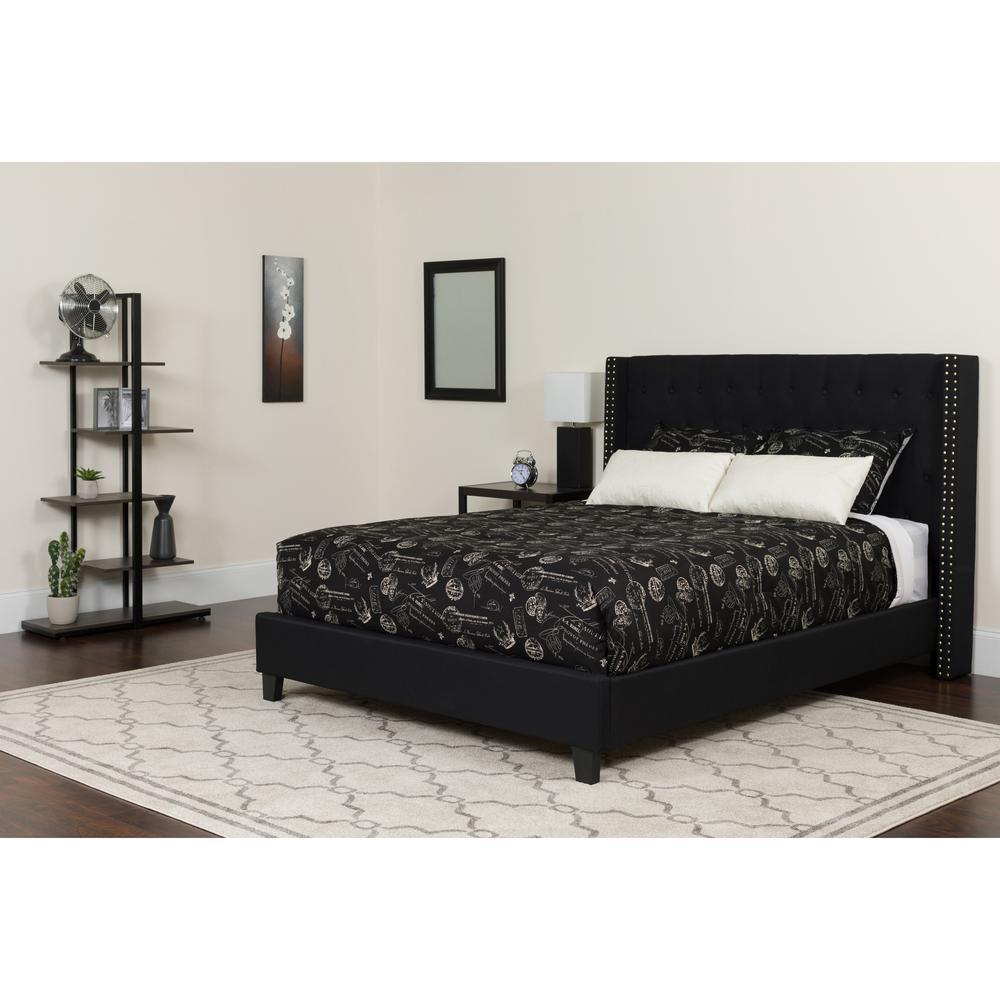 Full Size Tufted Upholstered Platform Bed with Accent Nail Trimmed Extended Sides in Black Fabric. Picture 4