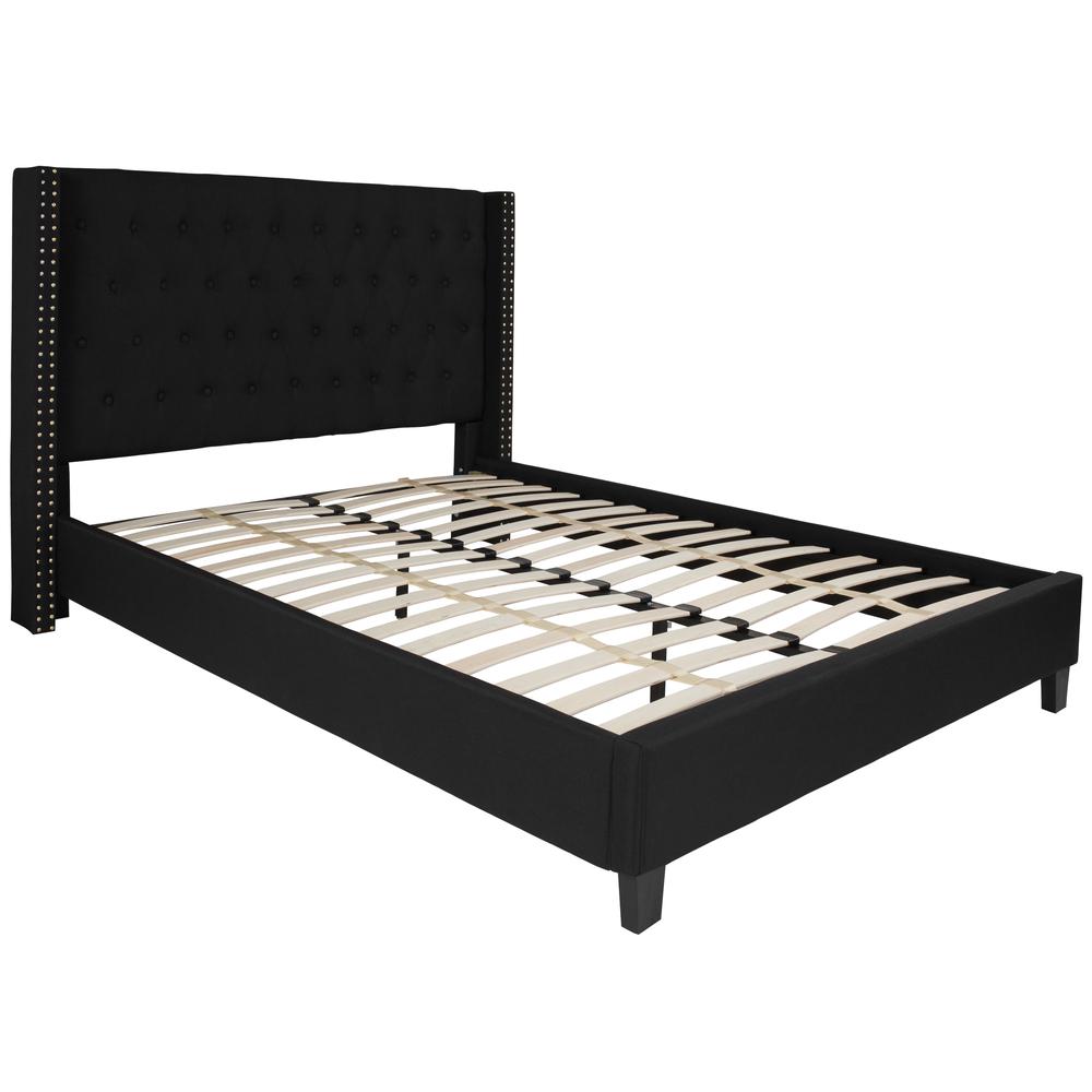 Queen Size Tufted Upholstered Platform Bed with Accent Nail Trimmed Extended Sides in Black Fabric. Picture 1