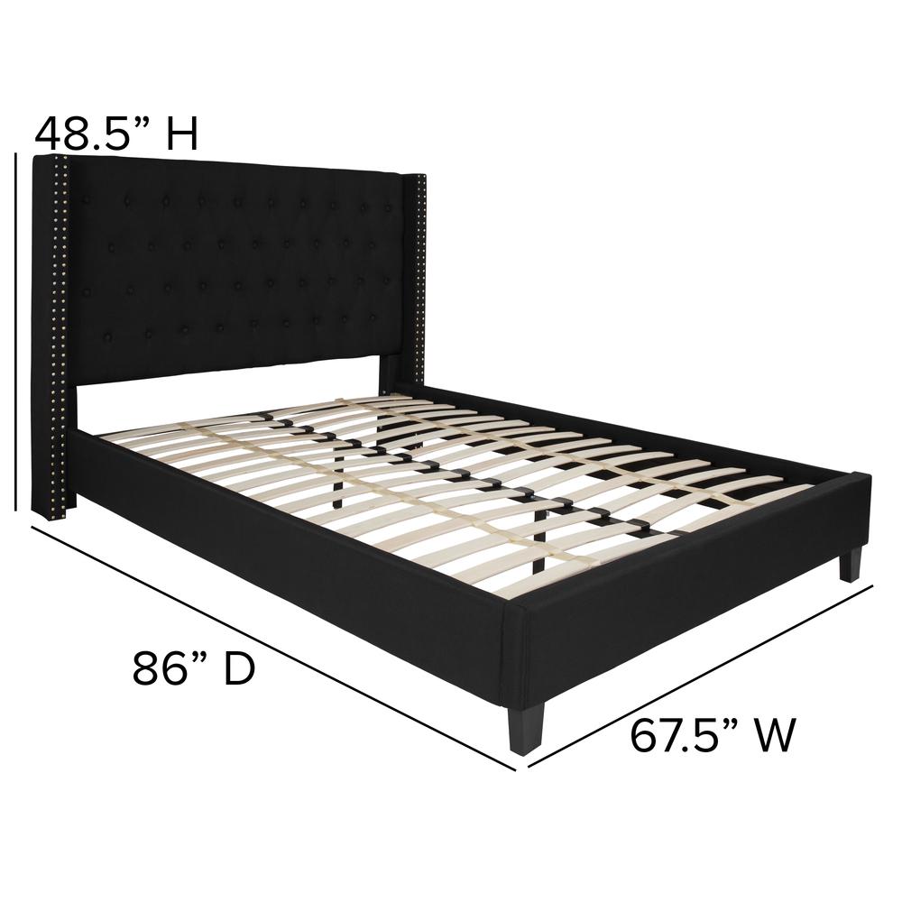 Queen Size Tufted Upholstered Platform Bed with Accent Nail Trimmed Extended Sides in Black Fabric. Picture 2