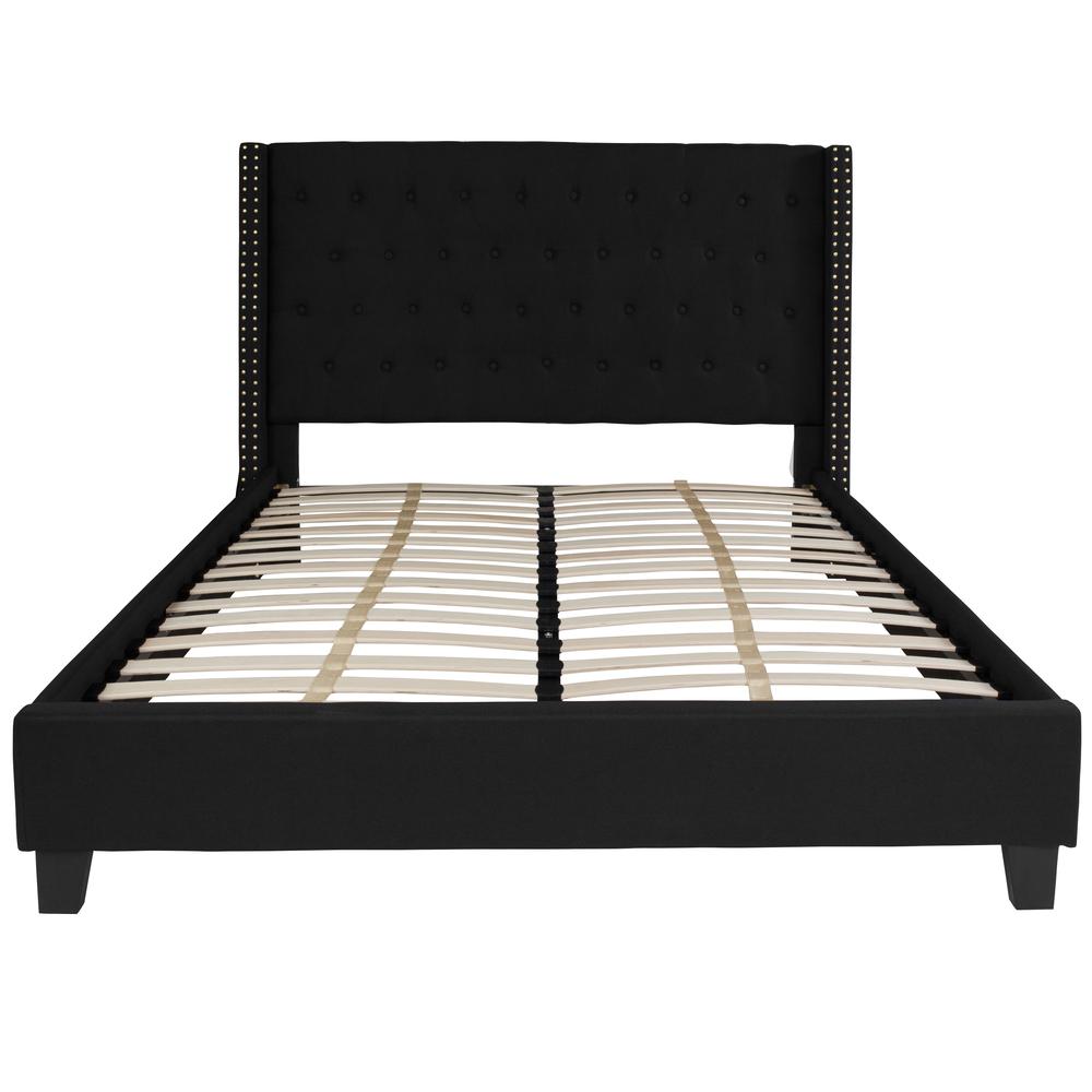 Queen Size Tufted Upholstered Platform Bed with Accent Nail Trimmed Extended Sides in Black Fabric. Picture 3