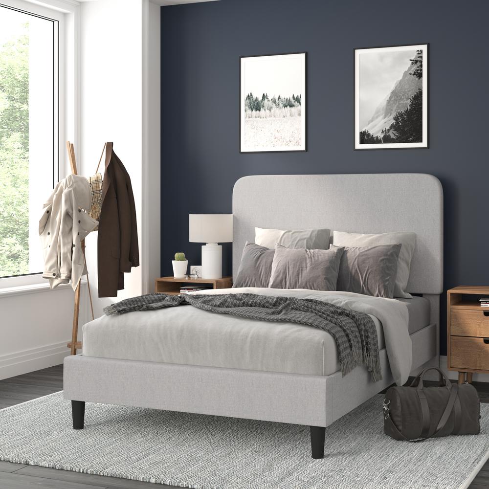 Light Grey Full Fabric Upholstered Platform Bed - Headboard with Rounded Edges. Picture 2