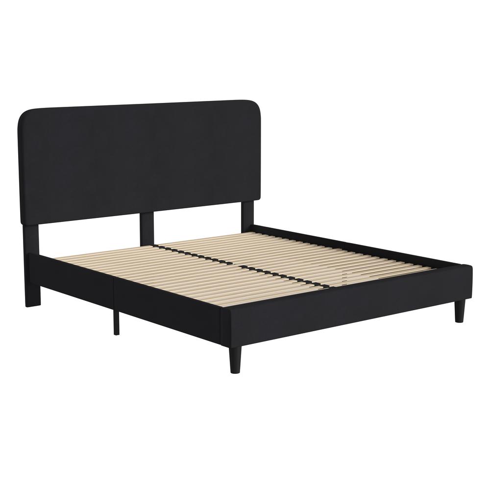 Charcoal King Fabric Upholstered Platform Bed - Headboard with Rounded Edges. Picture 1