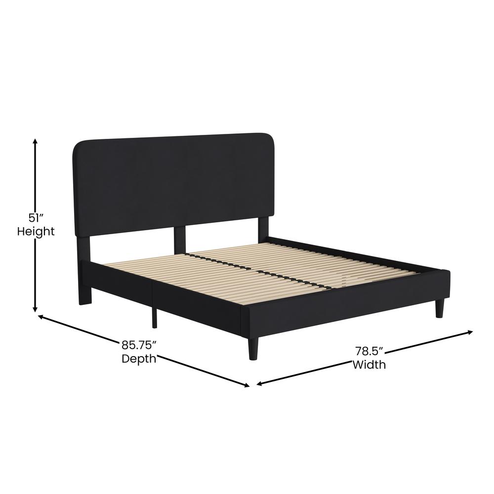 Charcoal King Fabric Upholstered Platform Bed - Headboard with Rounded Edges. Picture 5