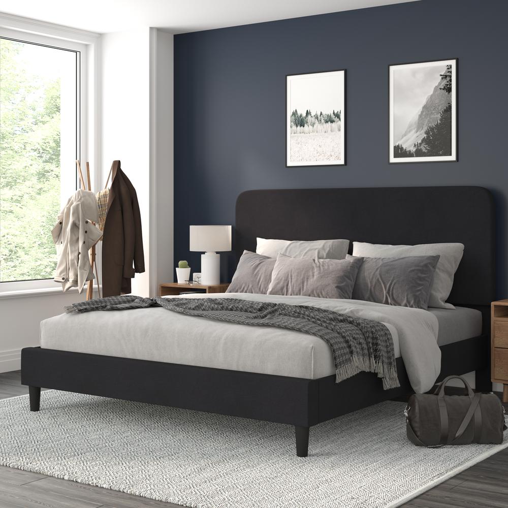 Charcoal King Fabric Upholstered Platform Bed - Headboard with Rounded Edges. Picture 2