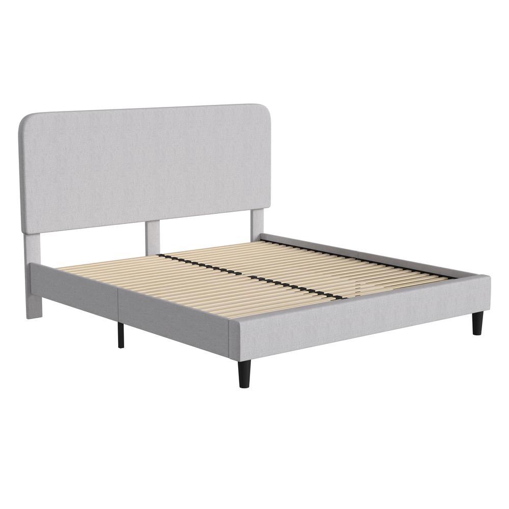 Light Grey King Fabric Upholstered Platform Bed - Headboard with Rounded Edges. Picture 1