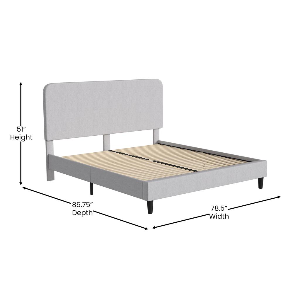 Light Grey King Fabric Upholstered Platform Bed - Headboard with Rounded Edges. Picture 5