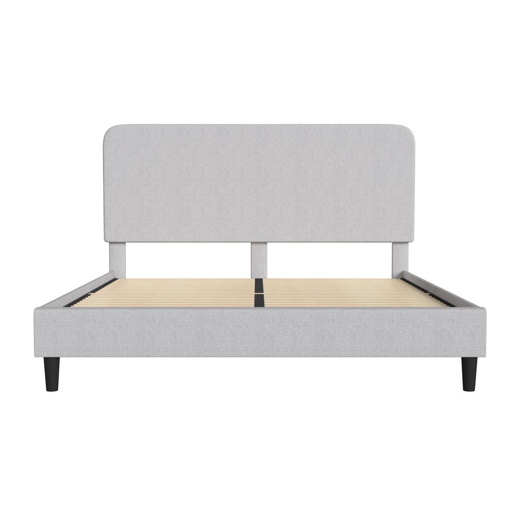 Light Grey King Fabric Upholstered Platform Bed - Headboard with Rounded Edges. Picture 9