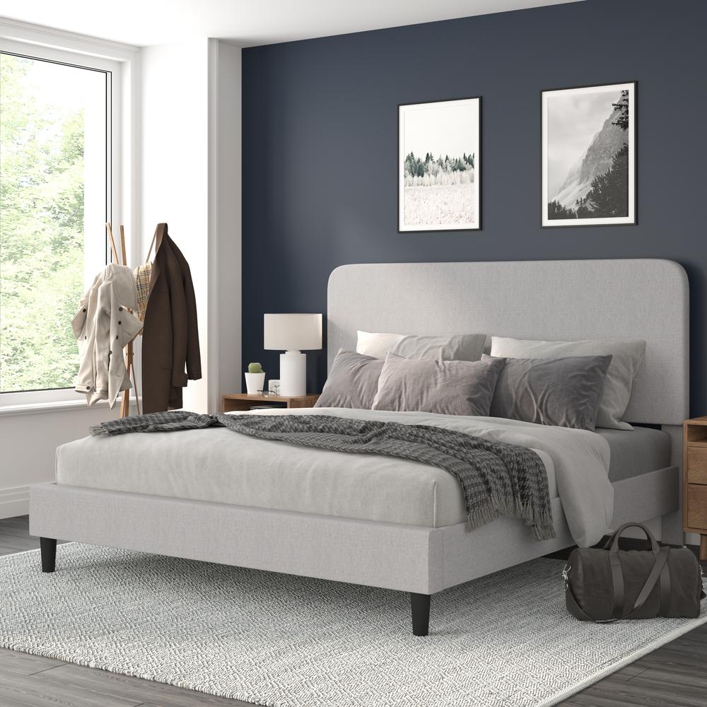 Light Grey King Fabric Upholstered Platform Bed - Headboard with Rounded Edges. Picture 2