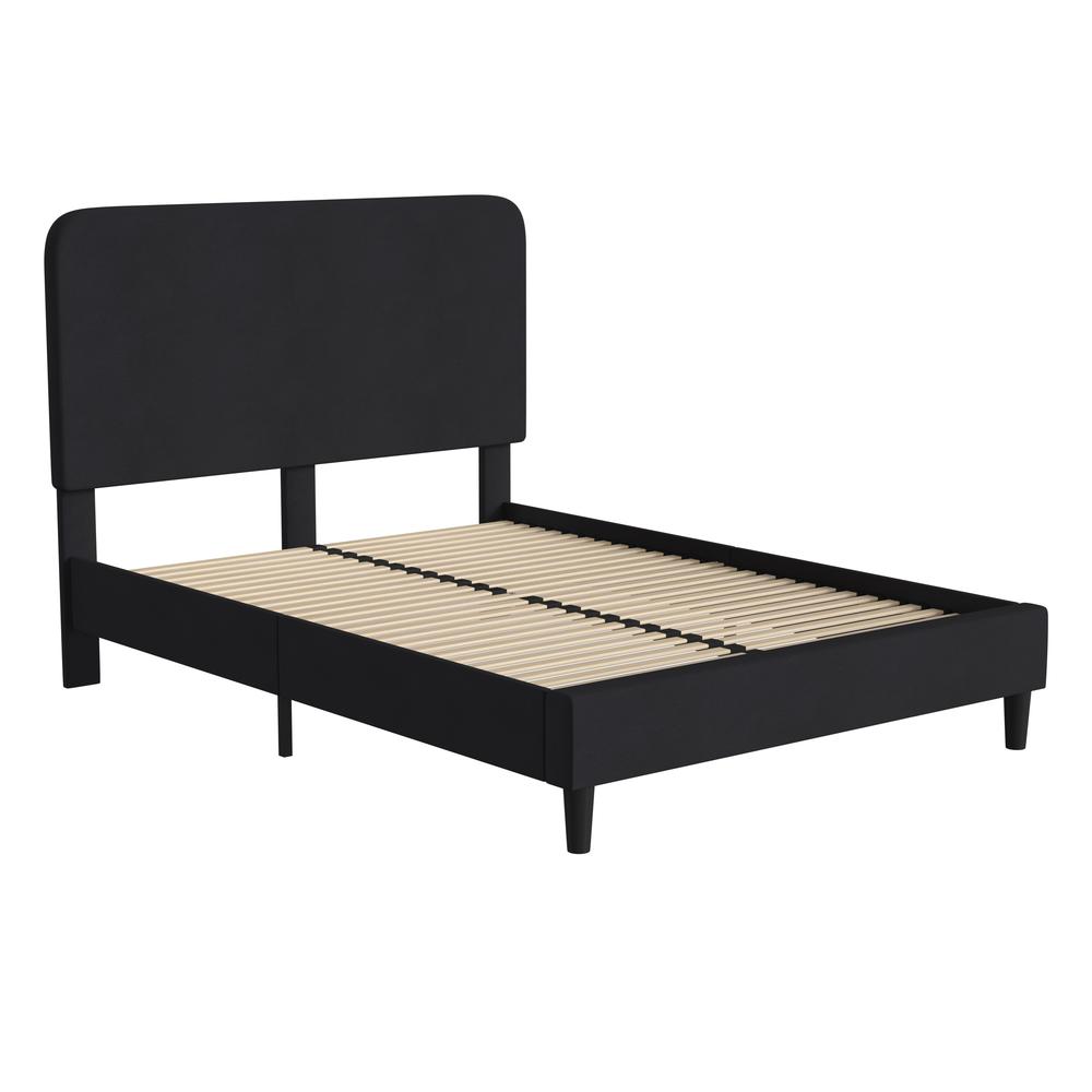 Charcoal Queen Fabric Upholstered Platform Bed - Headboard with Rounded Edges. Picture 1