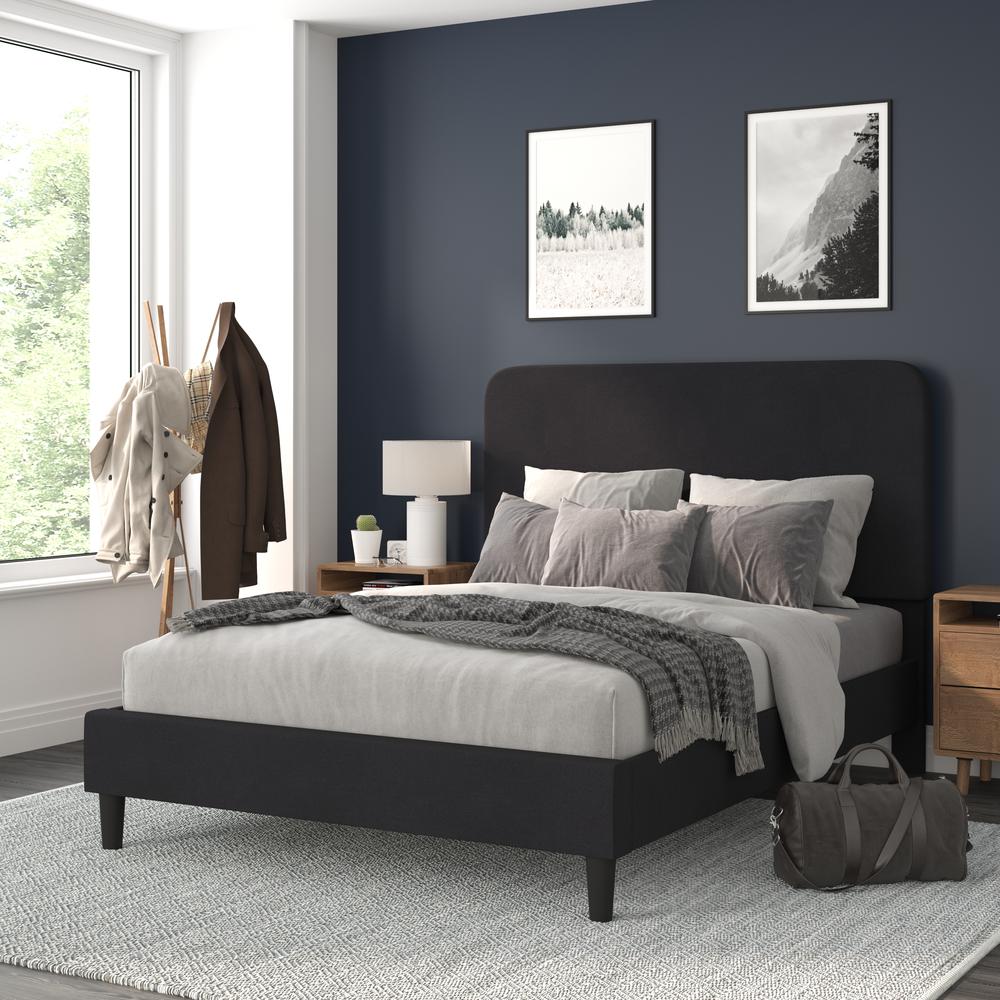 Charcoal Queen Fabric Upholstered Platform Bed - Headboard with Rounded Edges. Picture 2