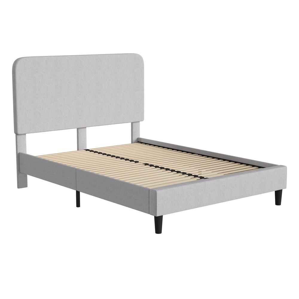 Light Grey Queen Fabric Upholstered Platform Bed - Headboard with Rounded Edges. Picture 1