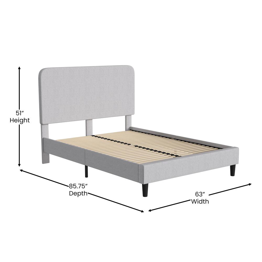 Light Grey Queen Fabric Upholstered Platform Bed - Headboard with Rounded Edges. Picture 5