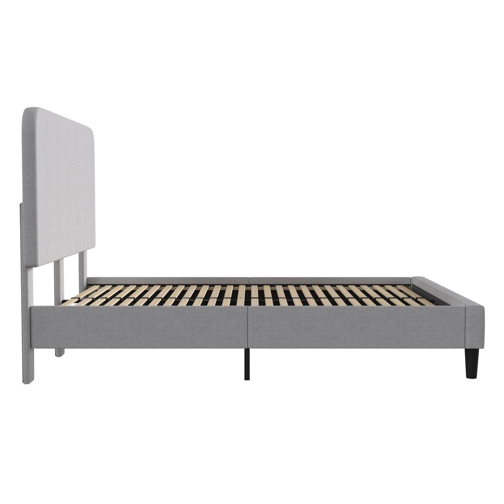 Light Grey Queen Fabric Upholstered Platform Bed - Headboard with Rounded Edges. Picture 8