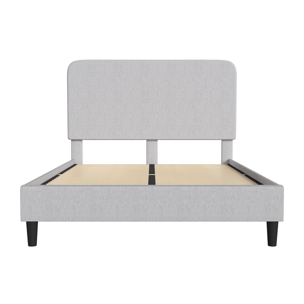 Light Grey Queen Fabric Upholstered Platform Bed - Headboard with Rounded Edges. Picture 9