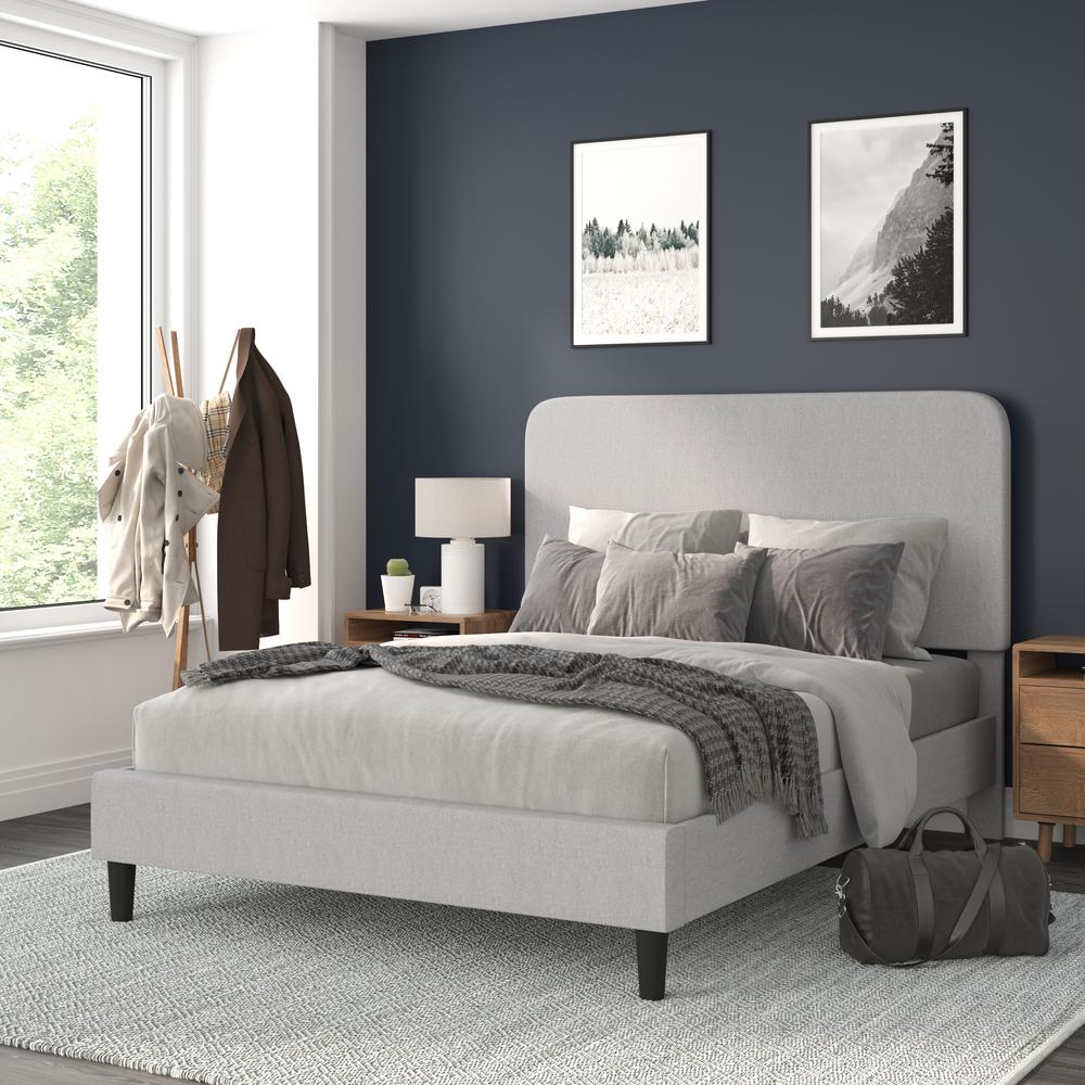 Light Grey Queen Fabric Upholstered Platform Bed - Headboard with Rounded Edges. Picture 2