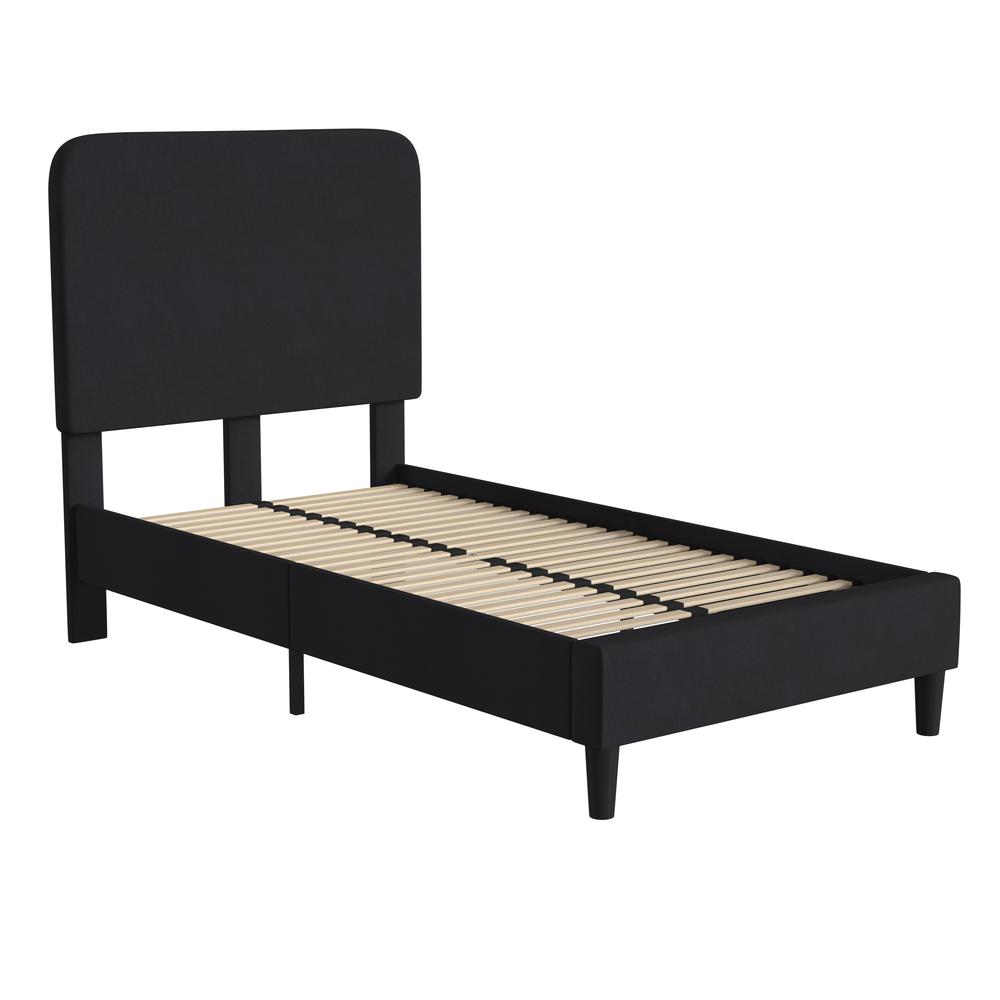 Charcoal Twin Fabric Upholstered Platform Bed - Headboard with Rounded Edges. Picture 1