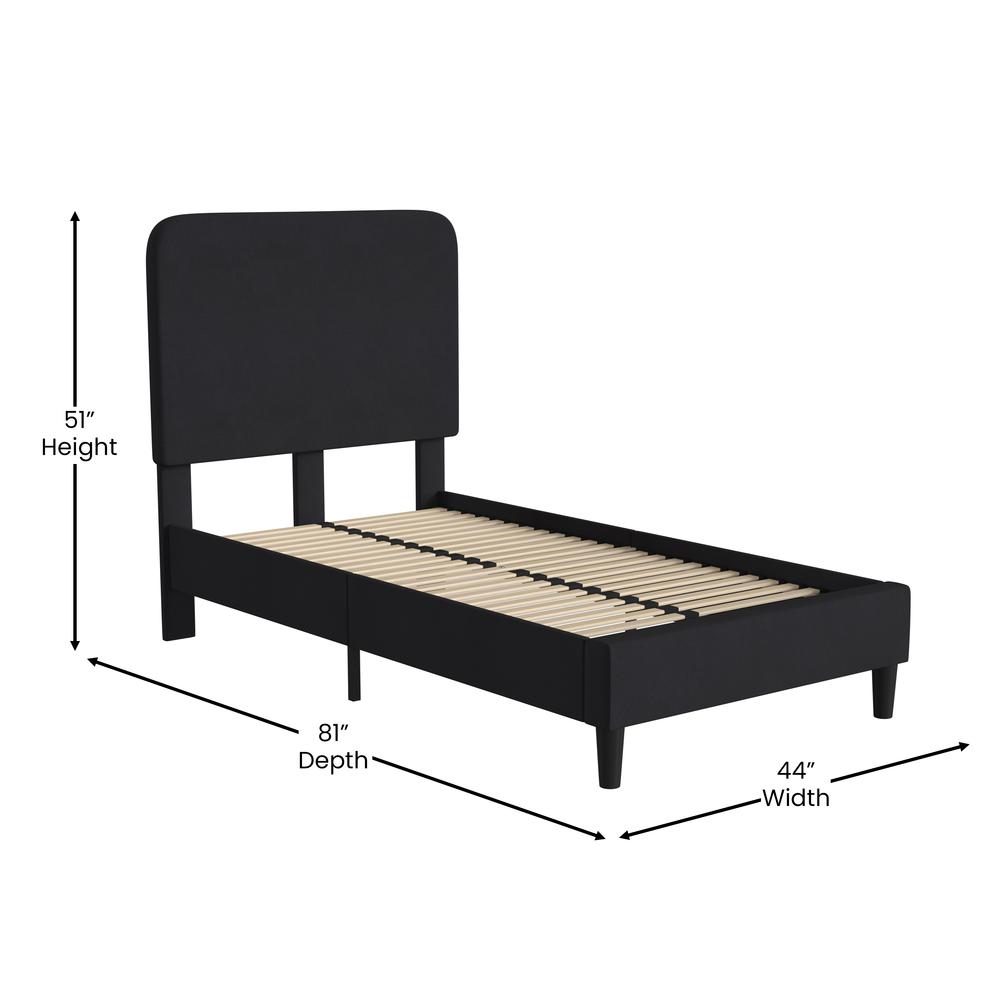 Charcoal Twin Fabric Upholstered Platform Bed - Headboard with Rounded Edges. Picture 5