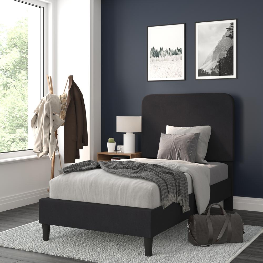 Charcoal Twin Fabric Upholstered Platform Bed - Headboard with Rounded Edges. Picture 2