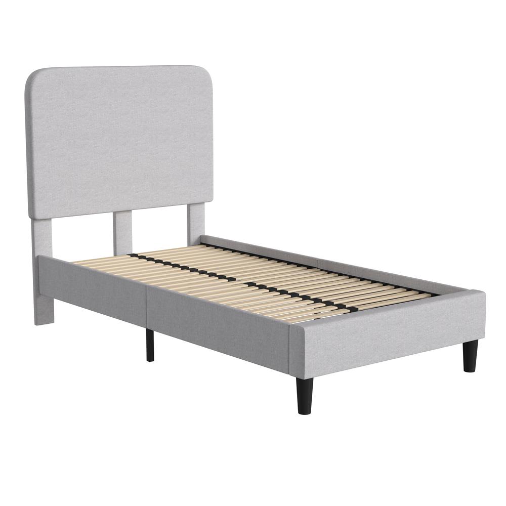 Light Grey Twin Fabric Upholstered Platform Bed - Headboard with Rounded Edges. Picture 1