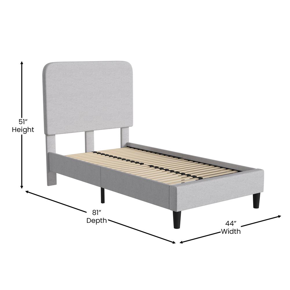 Light Grey Twin Fabric Upholstered Platform Bed - Headboard with Rounded Edges. Picture 5