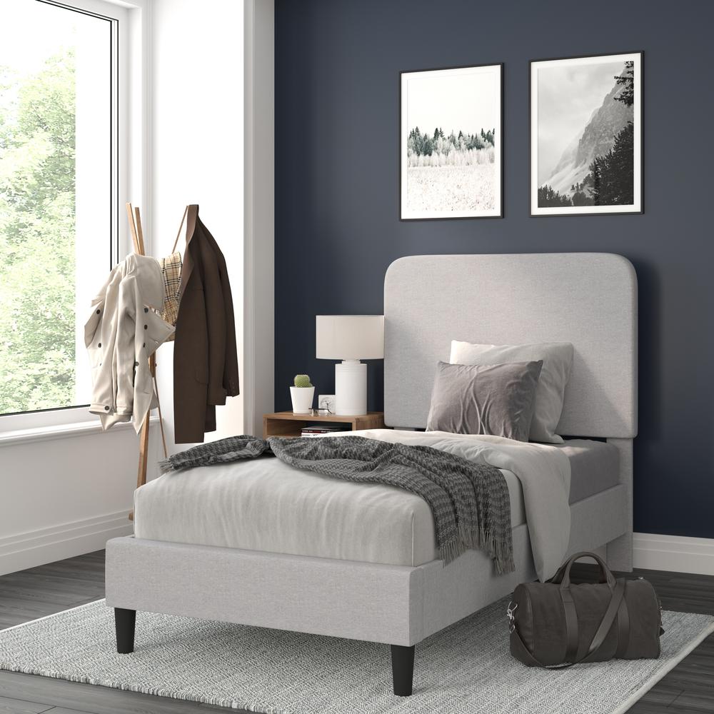 Light Grey Twin Fabric Upholstered Platform Bed - Headboard with Rounded Edges. Picture 2