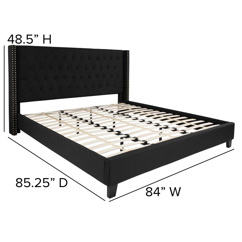 King Size Tufted Upholstered Platform Bed with Accent Nail Trimmed Extended Sides in Black Fabric. Picture 2