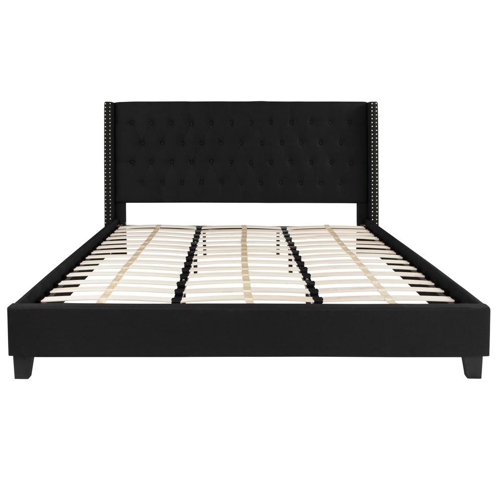 King Size Tufted Upholstered Platform Bed with Accent Nail Trimmed Extended Sides in Black Fabric. Picture 3