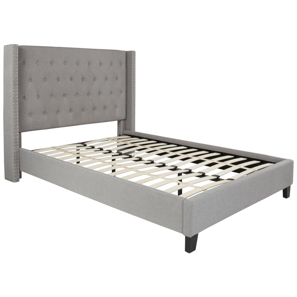 Full Size Tufted Upholstered Platform Bed with Accent Nail Trimmed Extended Sides in Light Gray Fabric. Picture 1