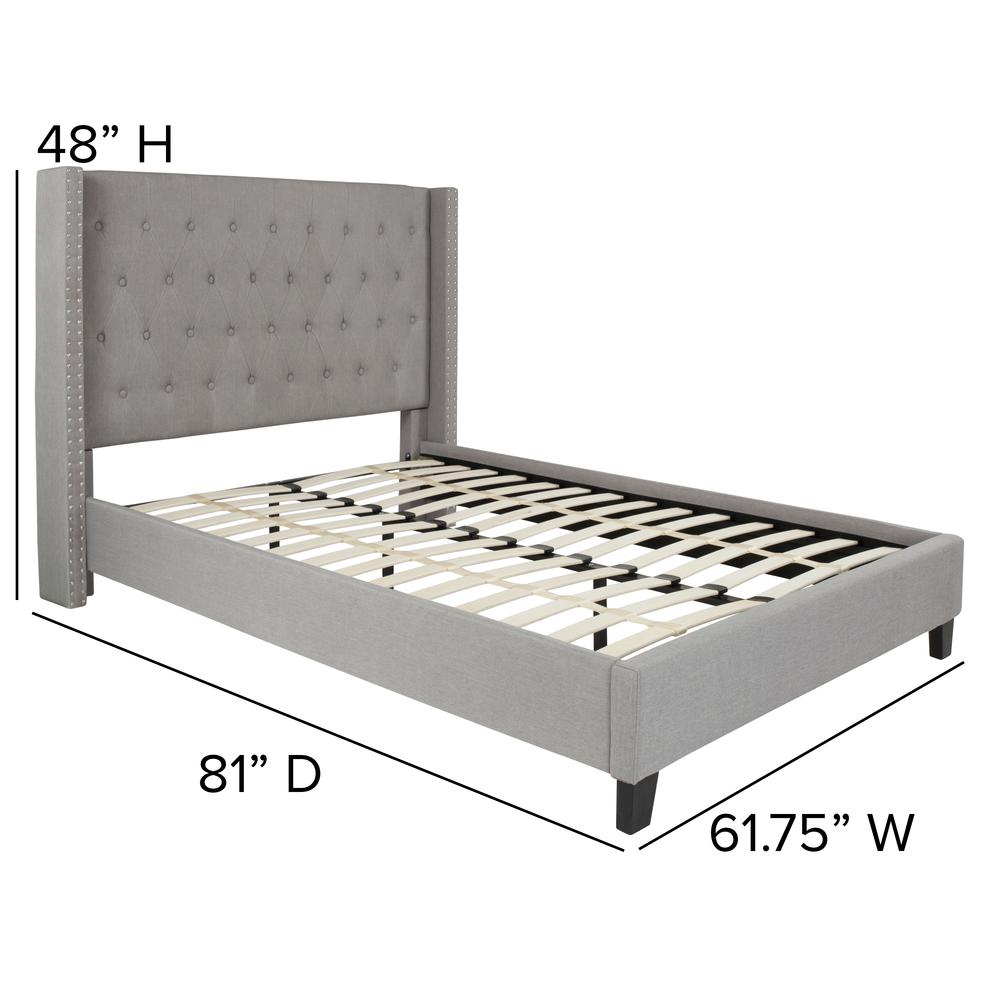 Full Size Tufted Upholstered Platform Bed with Accent Nail Trimmed Extended Sides in Light Gray Fabric. Picture 2