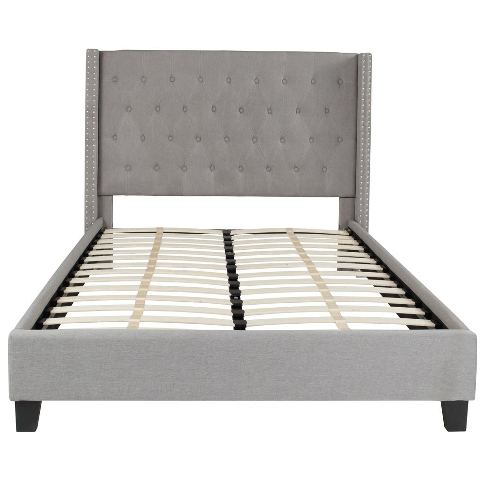 Full Size Tufted Upholstered Platform Bed with Accent Nail Trimmed Extended Sides in Light Gray Fabric. Picture 3
