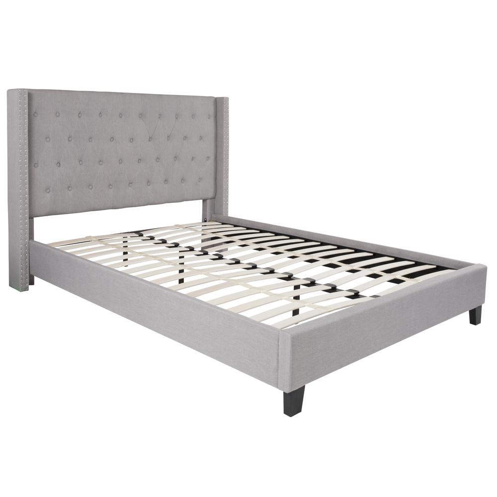 Queen Size Tufted Upholstered Platform Bed with Accent Nail Trimmed Extended Sides in Light Gray Fabric. Picture 1