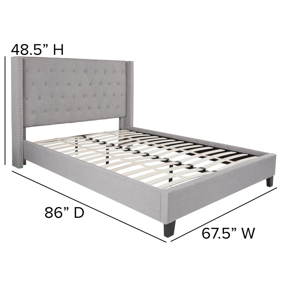 Queen Size Tufted Upholstered Platform Bed with Accent Nail Trimmed Extended Sides in Light Gray Fabric. Picture 2