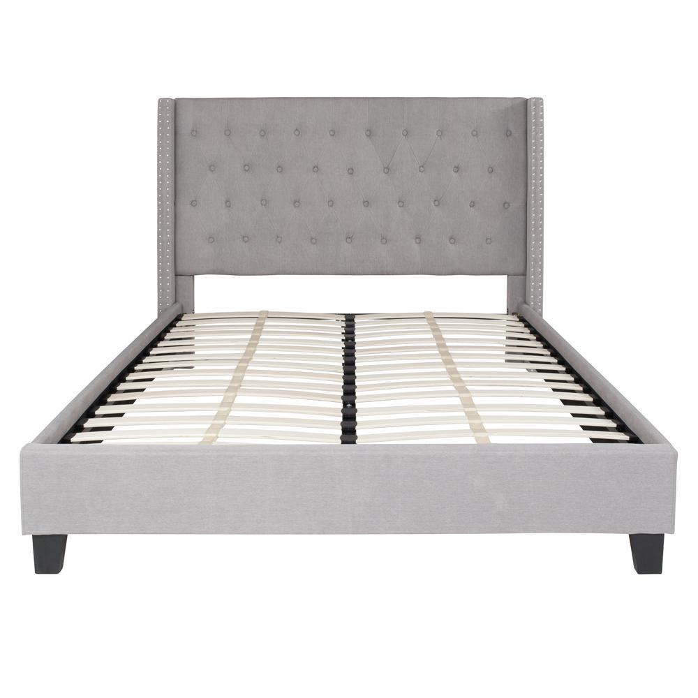 Queen Size Tufted Upholstered Platform Bed with Accent Nail Trimmed Extended Sides in Light Gray Fabric. Picture 3
