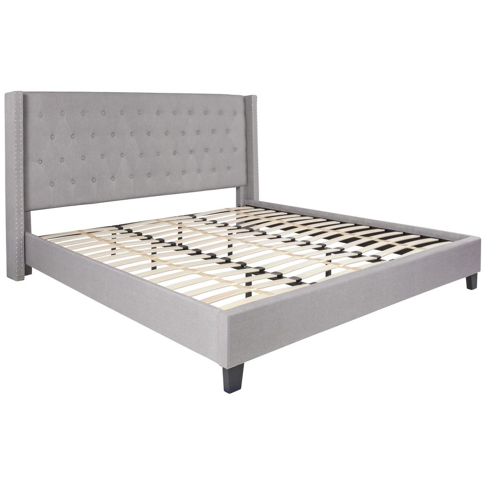 King Size Tufted Upholstered Platform Bed with Accent Nail Trimmed Extended Sides in Light Gray Fabric. Picture 1