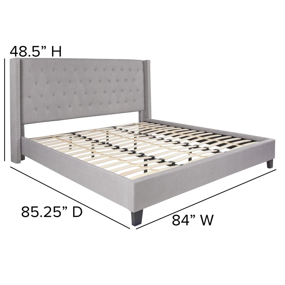 King Size Tufted Upholstered Platform Bed with Accent Nail Trimmed Extended Sides in Light Gray Fabric. Picture 2