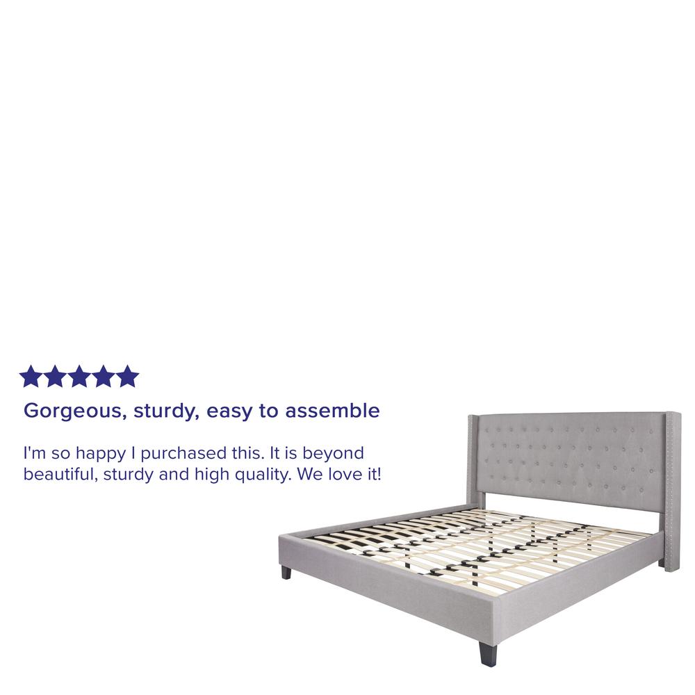 King Size Tufted Upholstered Platform Bed with Accent Nail Trimmed Extended Sides in Light Gray Fabric. Picture 5