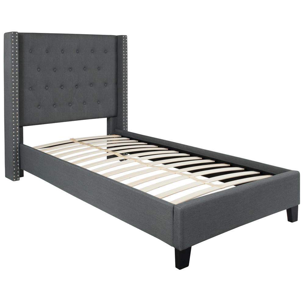 Twin Size Tufted Upholstered Platform Bed with Accent Nail Trimmed Extended Sides in Dark Gray Fabric. Picture 1