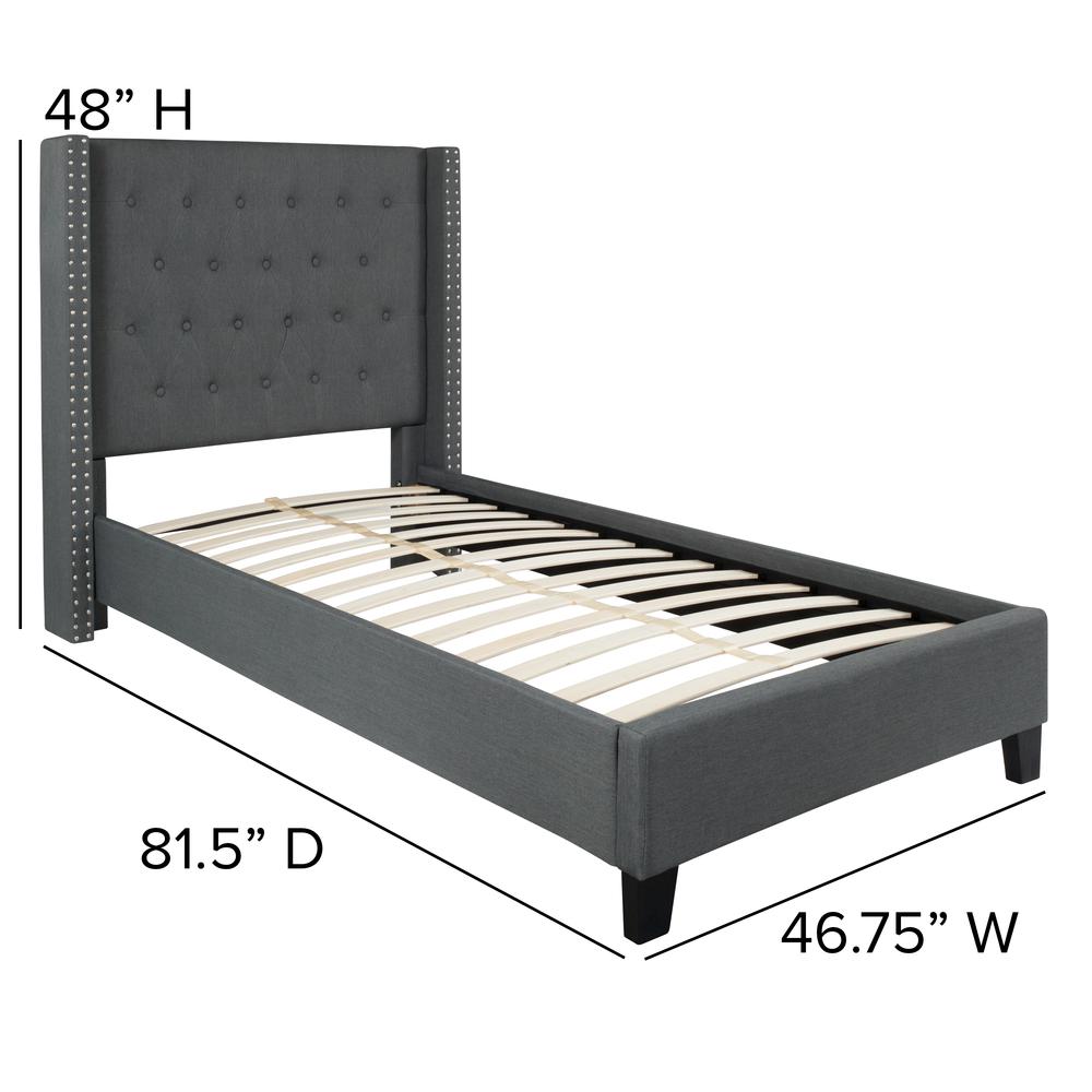 Twin Size Tufted Upholstered Platform Bed with Accent Nail Trimmed Extended Sides in Dark Gray Fabric. Picture 2
