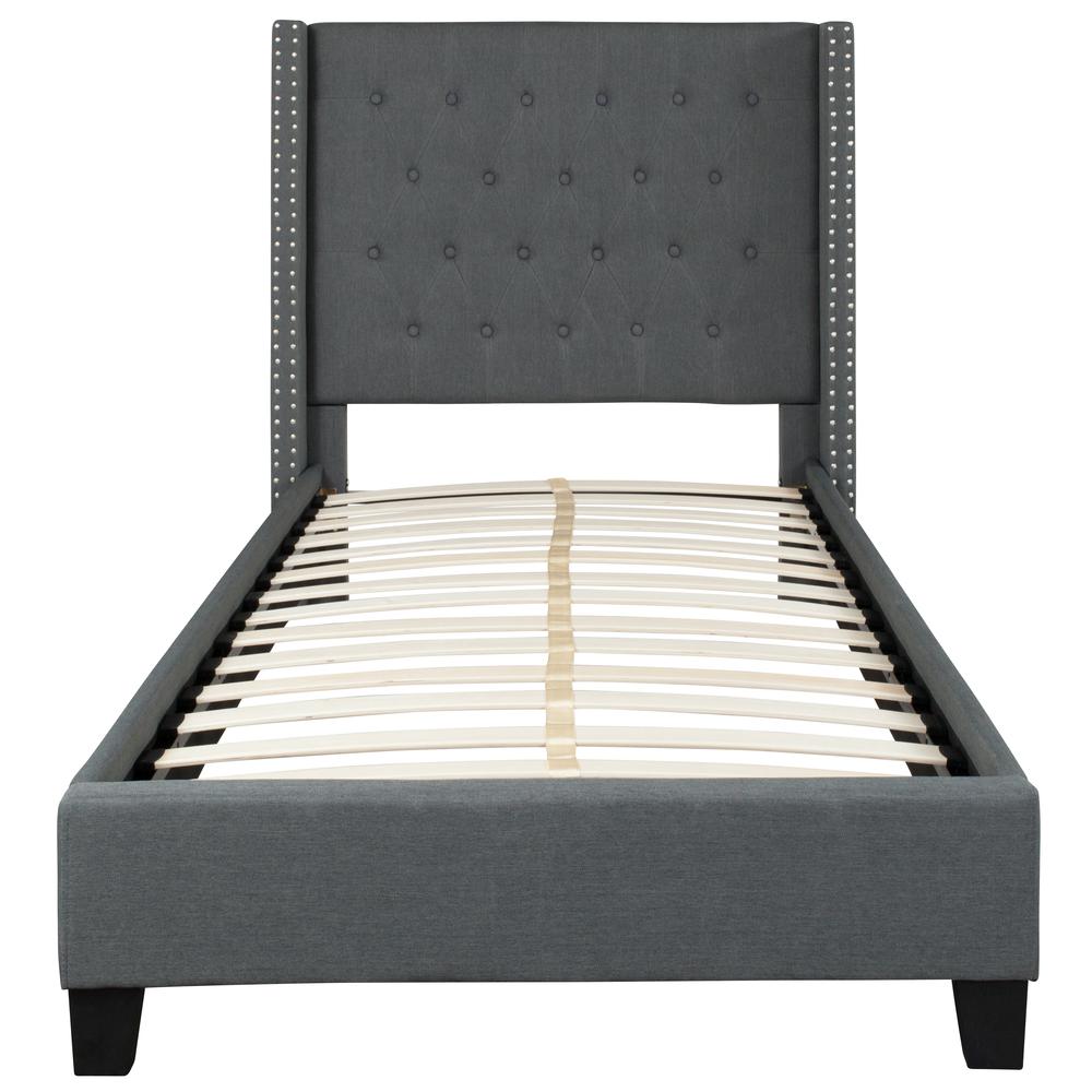 Twin Size Tufted Upholstered Platform Bed with Accent Nail Trimmed Extended Sides in Dark Gray Fabric. Picture 3