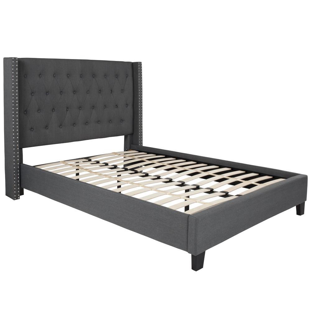 Full Size Tufted Upholstered Platform Bed with Accent Nail Trimmed Extended Sides in Dark Gray Fabric. Picture 1