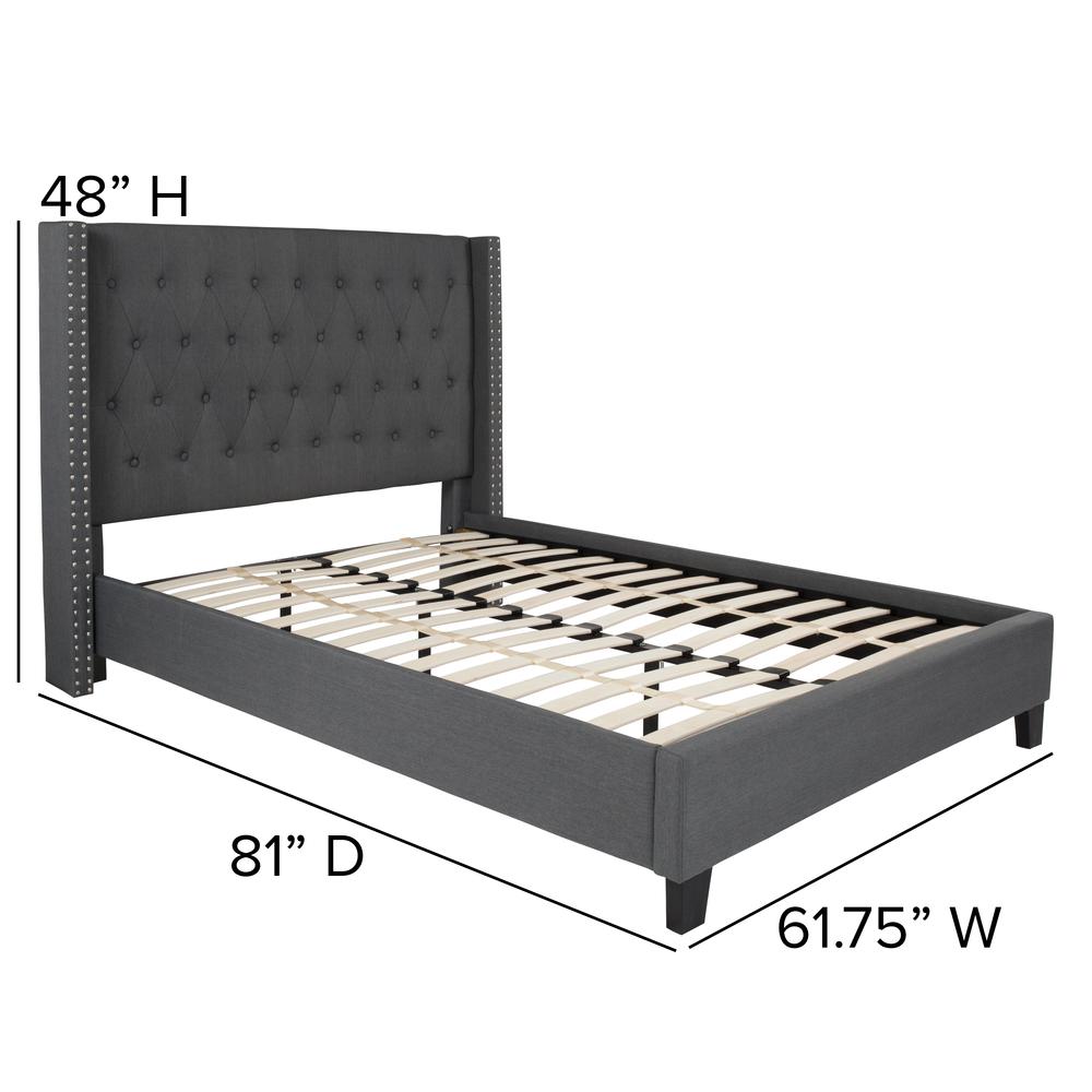 Full Size Tufted Upholstered Platform Bed with Accent Nail Trimmed Extended Sides in Dark Gray Fabric. Picture 2