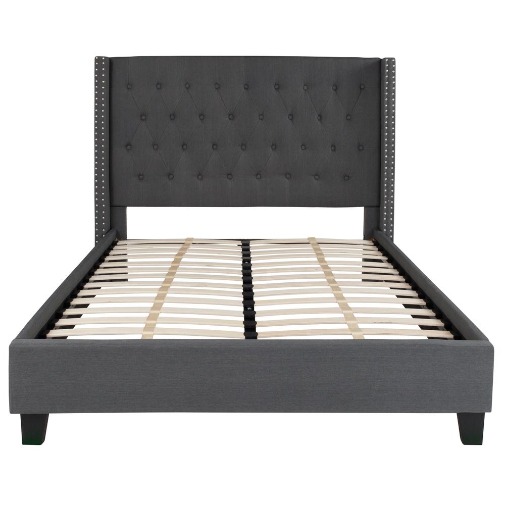 Full Size Tufted Upholstered Platform Bed with Accent Nail Trimmed Extended Sides in Dark Gray Fabric. Picture 3