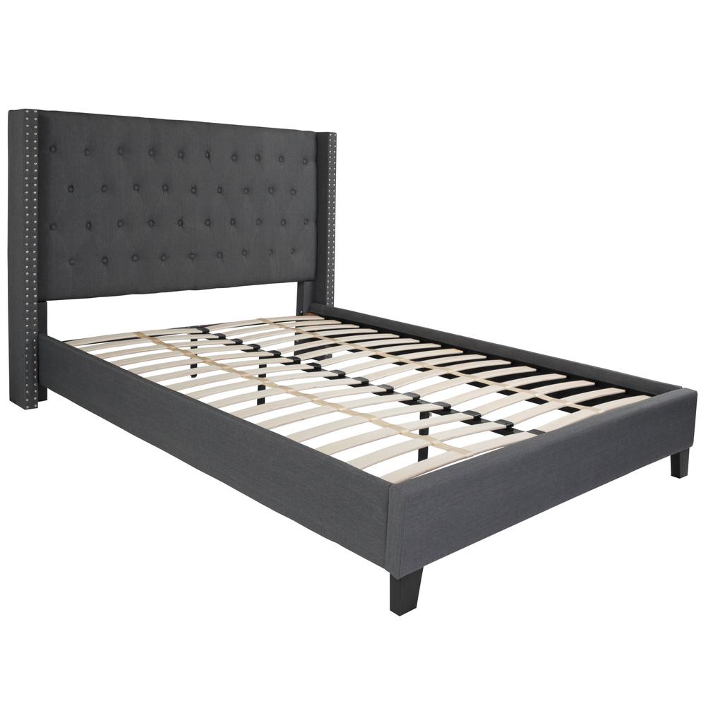 Queen Size Tufted Upholstered Platform Bed with Accent Nail Trimmed Extended Sides in Dark Gray Fabric. Picture 1