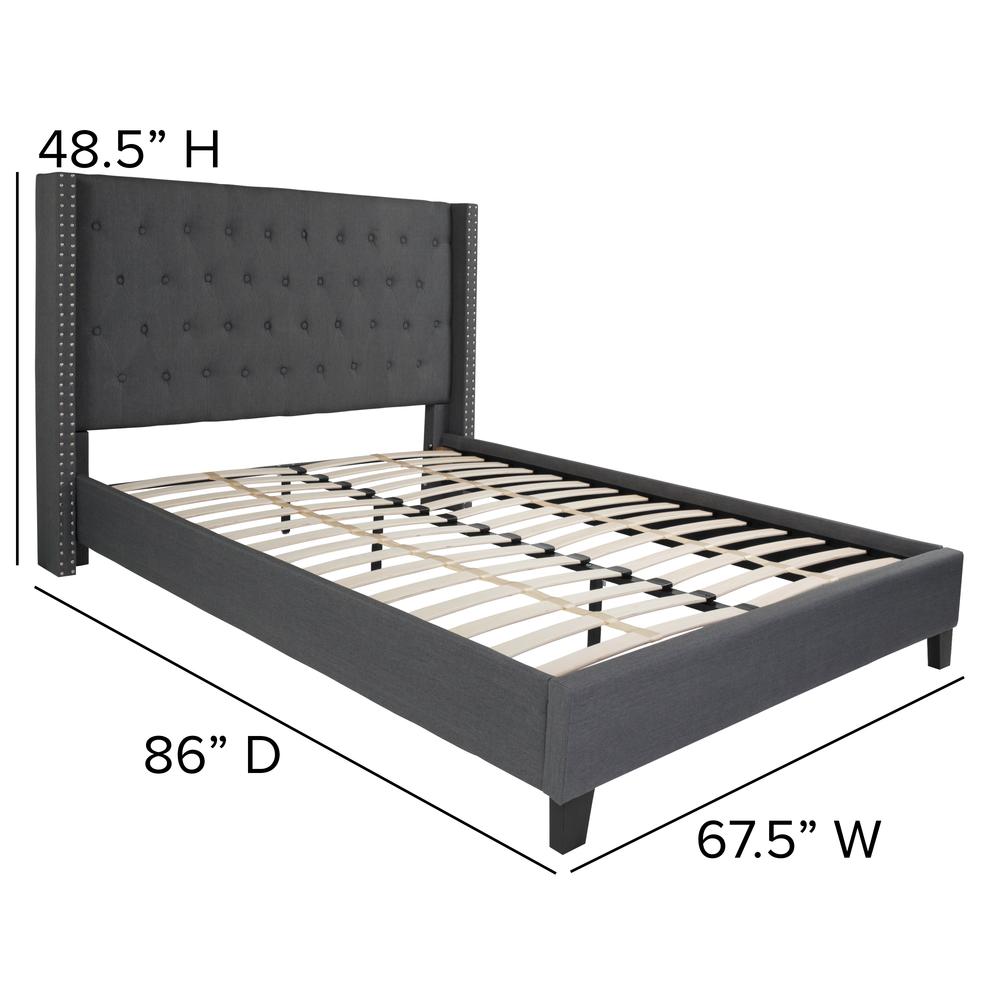 Queen Size Tufted Upholstered Platform Bed with Accent Nail Trimmed Extended Sides in Dark Gray Fabric. Picture 2