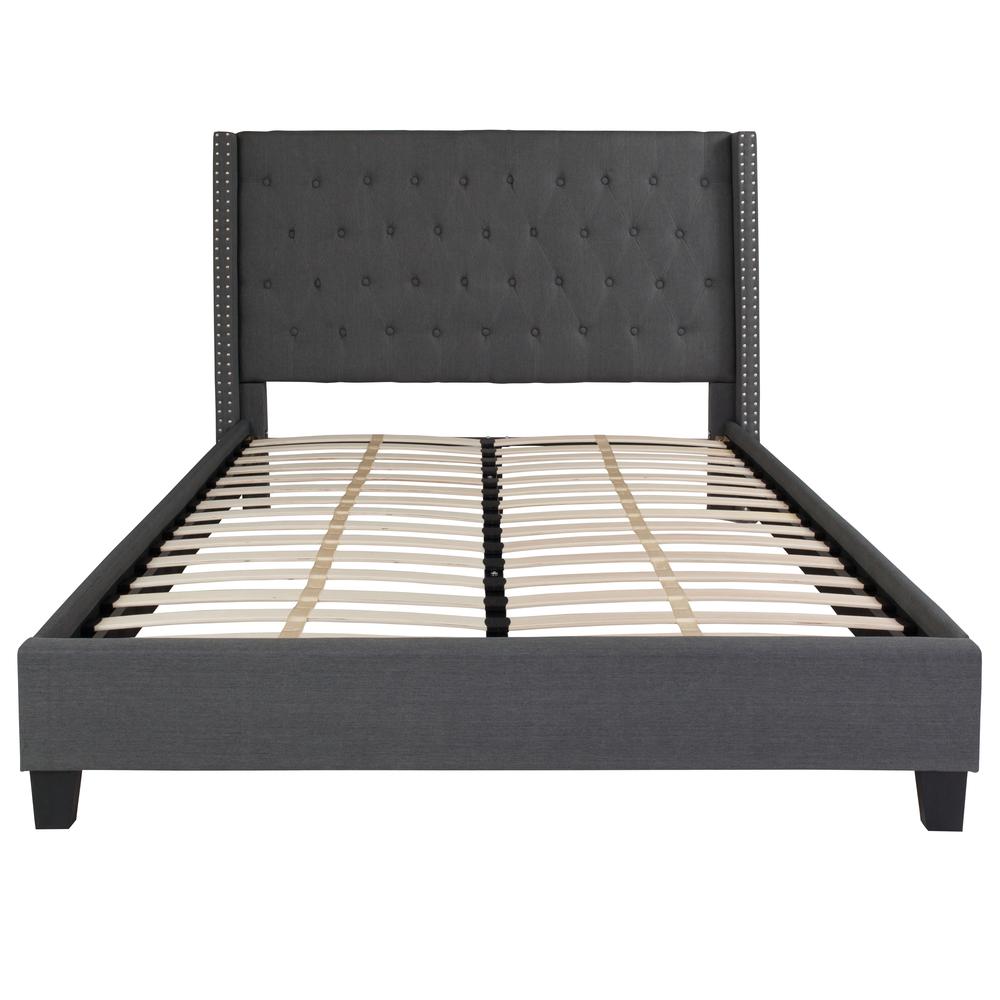 Queen Size Tufted Upholstered Platform Bed with Accent Nail Trimmed Extended Sides in Dark Gray Fabric. Picture 3