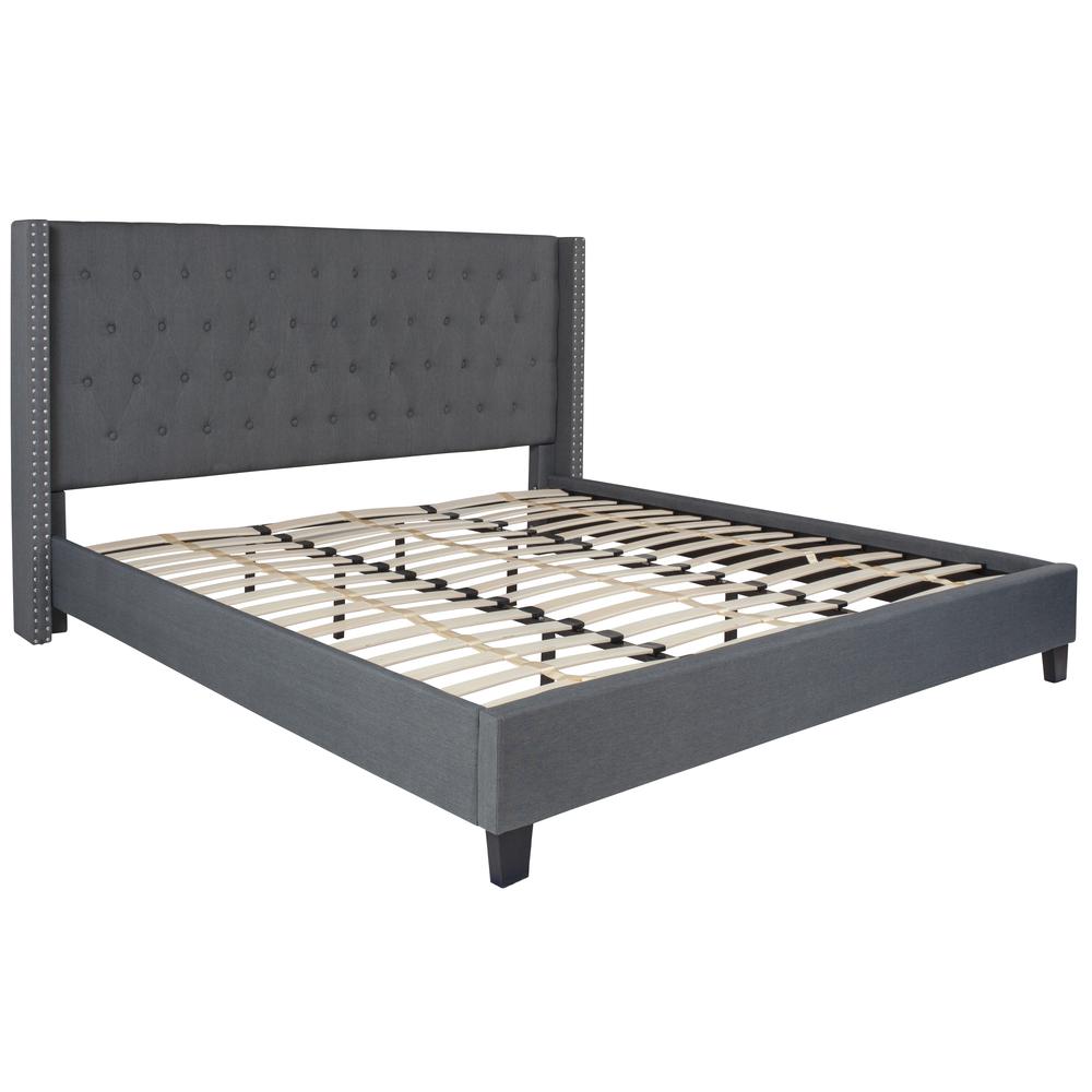 King Size Tufted Upholstered Platform Bed with Accent Nail Trimmed Extended Sides in Dark Gray Fabric. Picture 1
