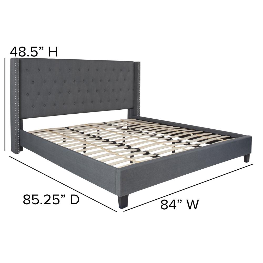 King Size Tufted Upholstered Platform Bed with Accent Nail Trimmed Extended Sides in Dark Gray Fabric. Picture 2