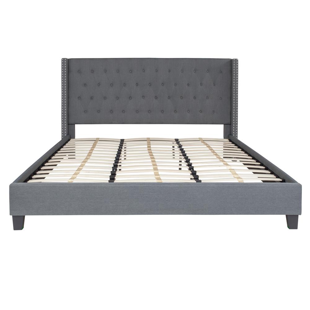 King Size Tufted Upholstered Platform Bed with Accent Nail Trimmed Extended Sides in Dark Gray Fabric. Picture 3